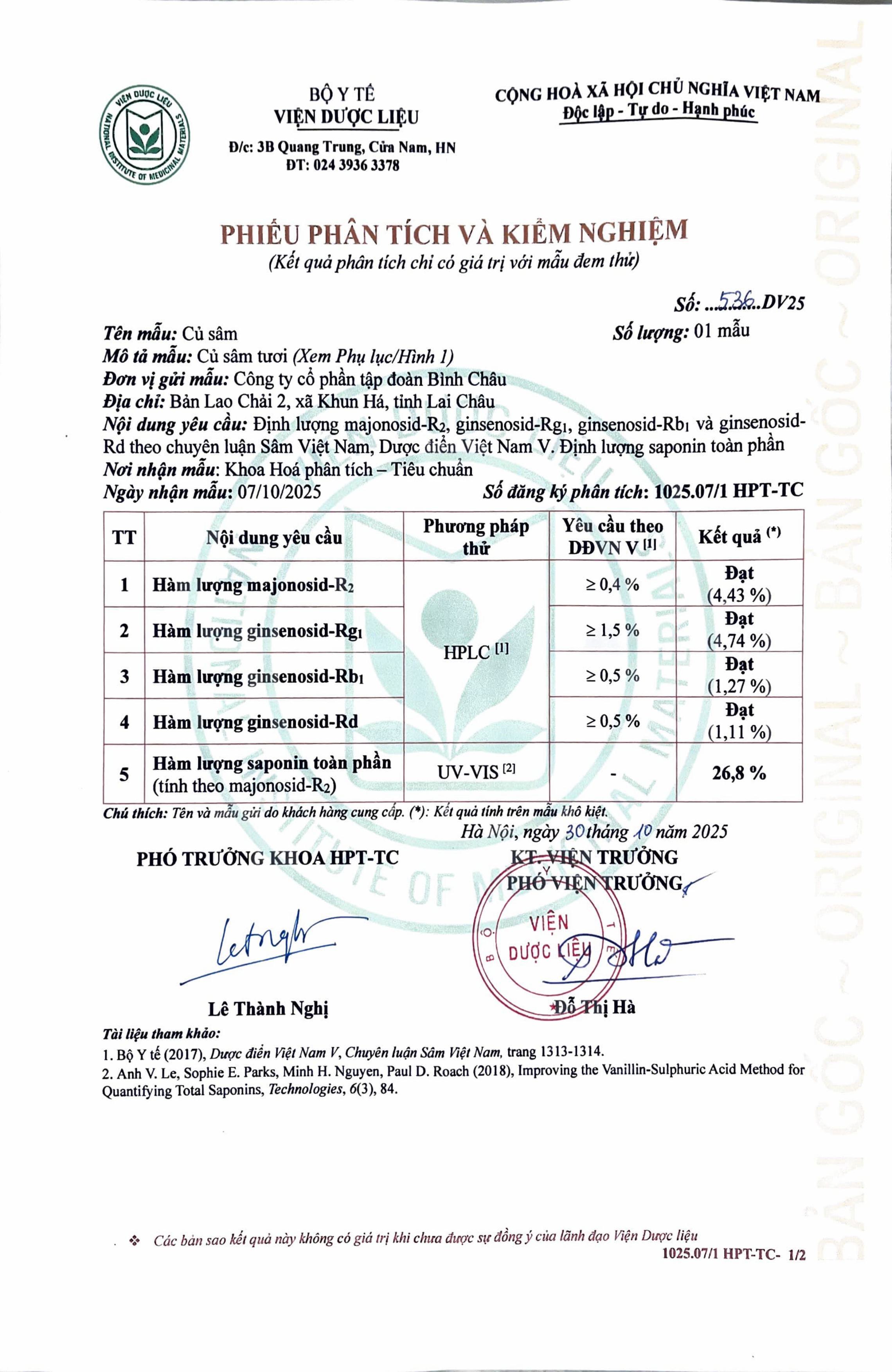 Phiếu Phân Tích Và Kiểm Nghiệm - Sâm Việt Nam Phu Tra