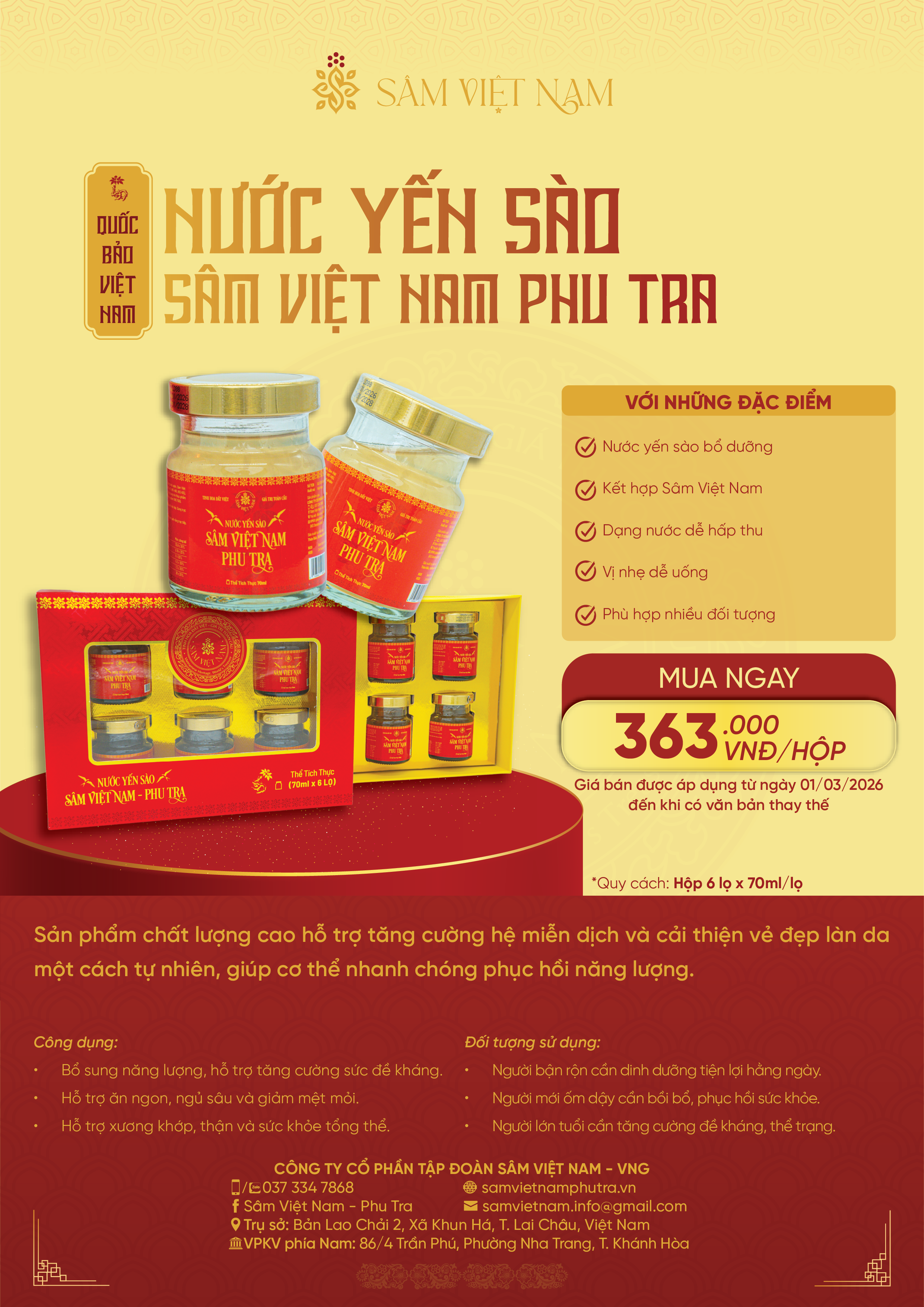 NƯỚC YẾN SÀO SÂM VIỆT NAM PHU TRA 70ML - Hộp 6 Hũ